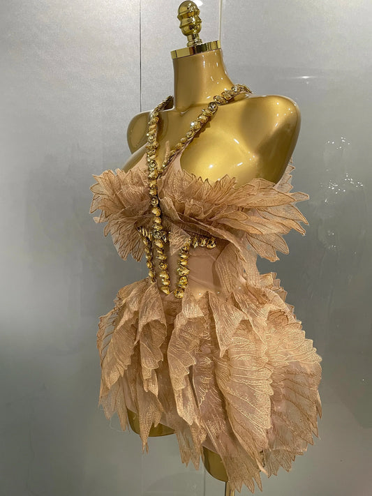 Sexy Shining Gold Crystal Transparent Wings Mini Dress Women Birthday Party Bar Nightclub Singer Stage Performance Costume