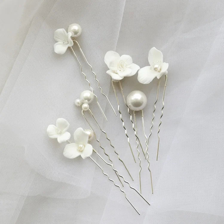 Bridal Jewelry Gold Silver Color Hairpin Porcelain Flower Hair Pin Clip Brides Women Head Piece Headdress Wedding Accessories silver color E