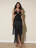 2024 Summer Sexy Tassel Bandage Dresses Women's Spaghetti Sleeveless Hollow Bodycon Long Dress Celebrity Evening Party Vesidos black