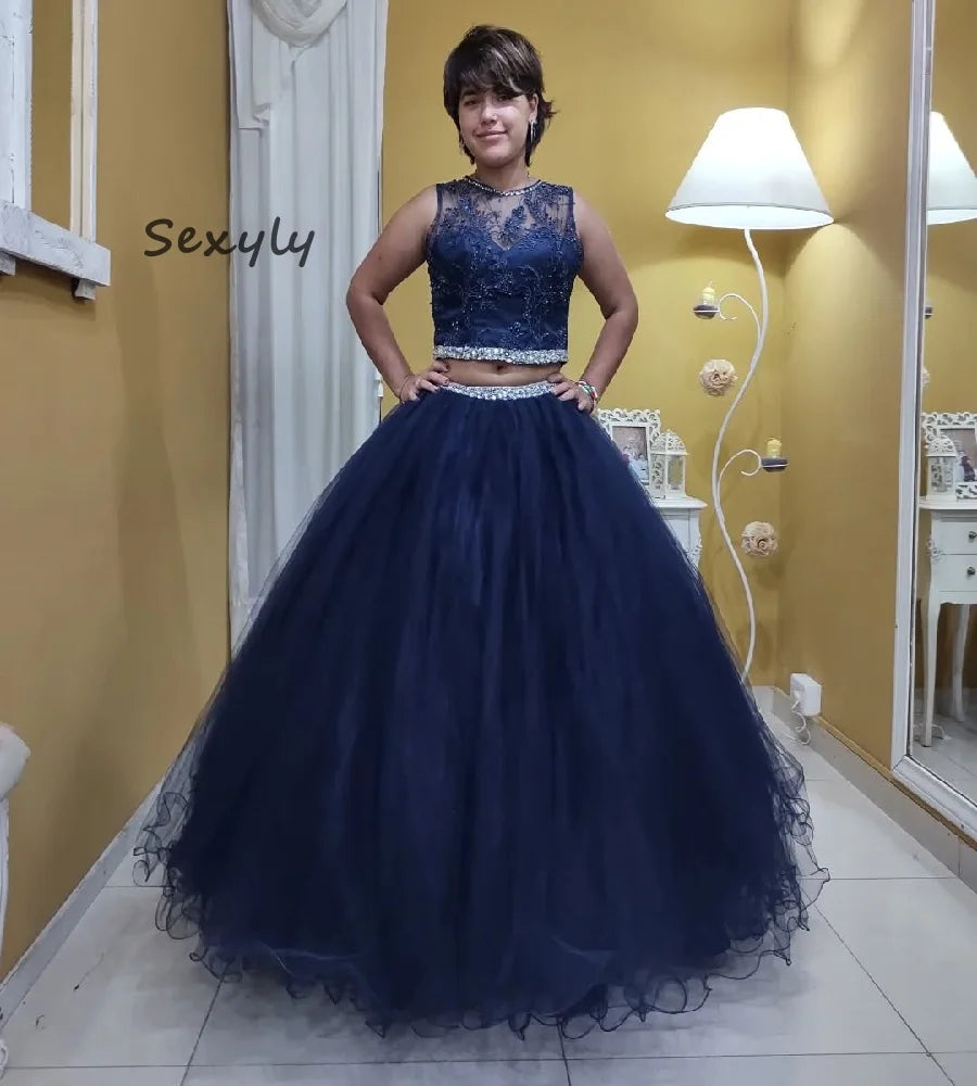 Classic Navy Blue Quinceanera Dresses 2 Pieces Tulle Beaded Vestidos De 15 Años Sweet 16 Dress Lace A Line Prom Gown Customized Blue