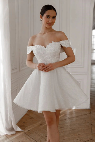 Bella White Lace Embroidery robes de soirée Off the Shoulder A-line Prom Dresses Elegant Sleeveless Short Wedding Dress 2024