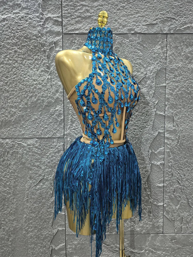 Women Sexy Shinning Crystal Sequisn Tassels 2 Pieces Bodycon Mini Dress Nightclub Party Bar Dancer Performance Costume