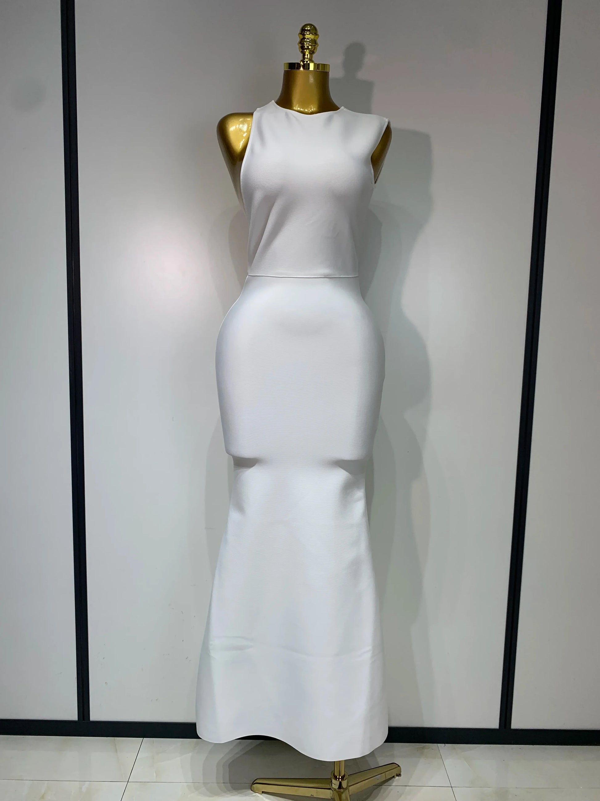 Women Sexy Backless Design Sleeveless Bodycon Bandage Dress Celebrity Elegant Evening Club Party Luxury Birthday Dresses WHITE