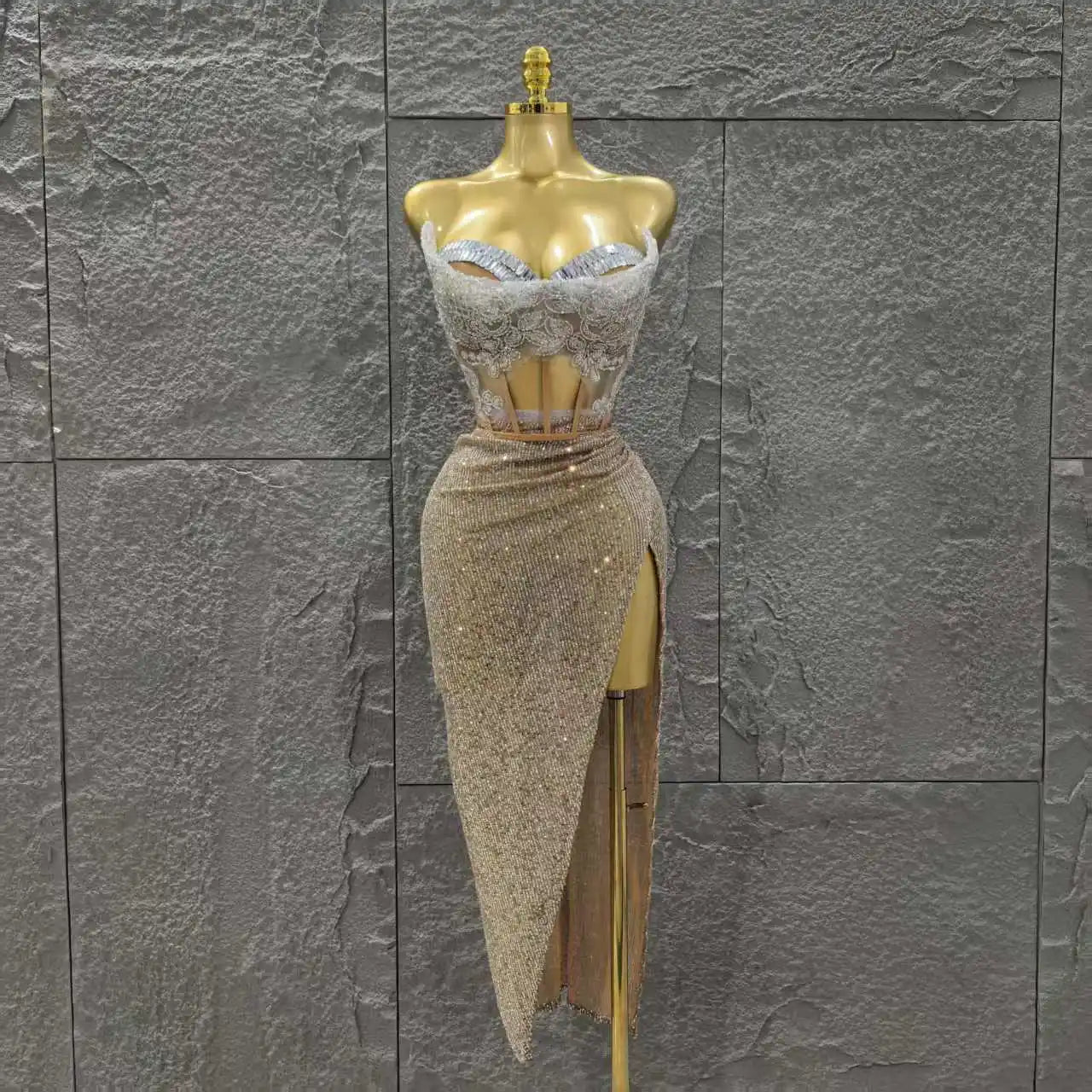 Women Sexy Strapless Shinning Crystal 2 Pieces Bodycon Mid-calf Dress Celebrate Bar Singer Performance Stage Wear Silver