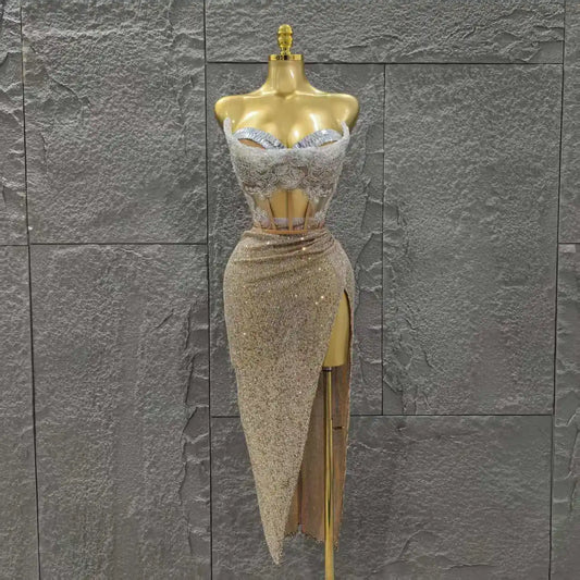 Women Sexy Strapless Shinning Crystal 2 Pieces Bodycon Mid-calf Dress Celebrate Bar Singer Performance Stage Wear Silver