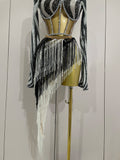 Shiny Diamond Sequin Tassels Sexy Mesh Long Sleeved Two Piece Set Women Evening Birthday paty Nightclub Stage Costume
