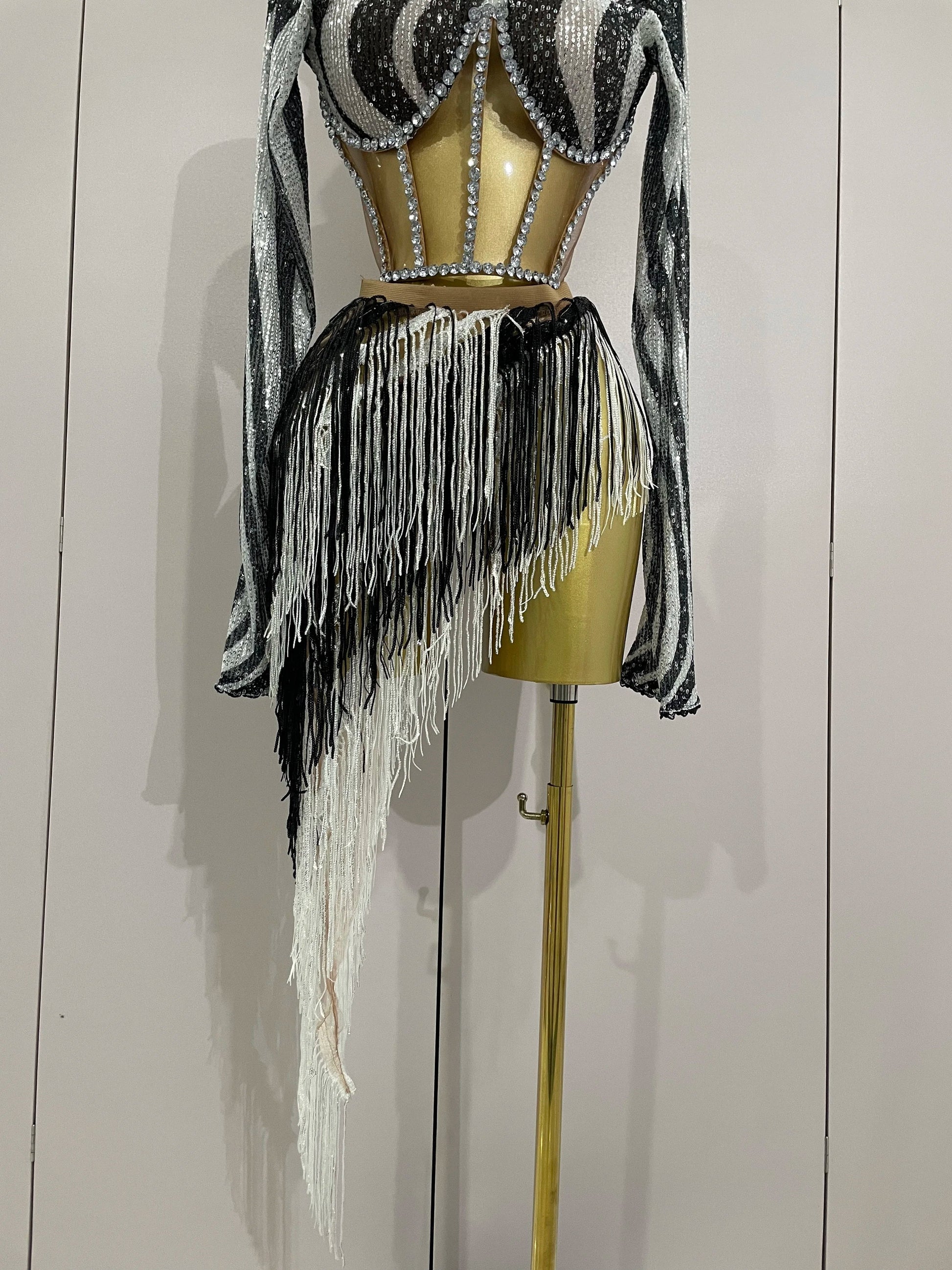Shiny Diamond Sequin Tassels Sexy Mesh Long Sleeved Two Piece Set Women Evening Birthday paty Nightclub Stage Costume