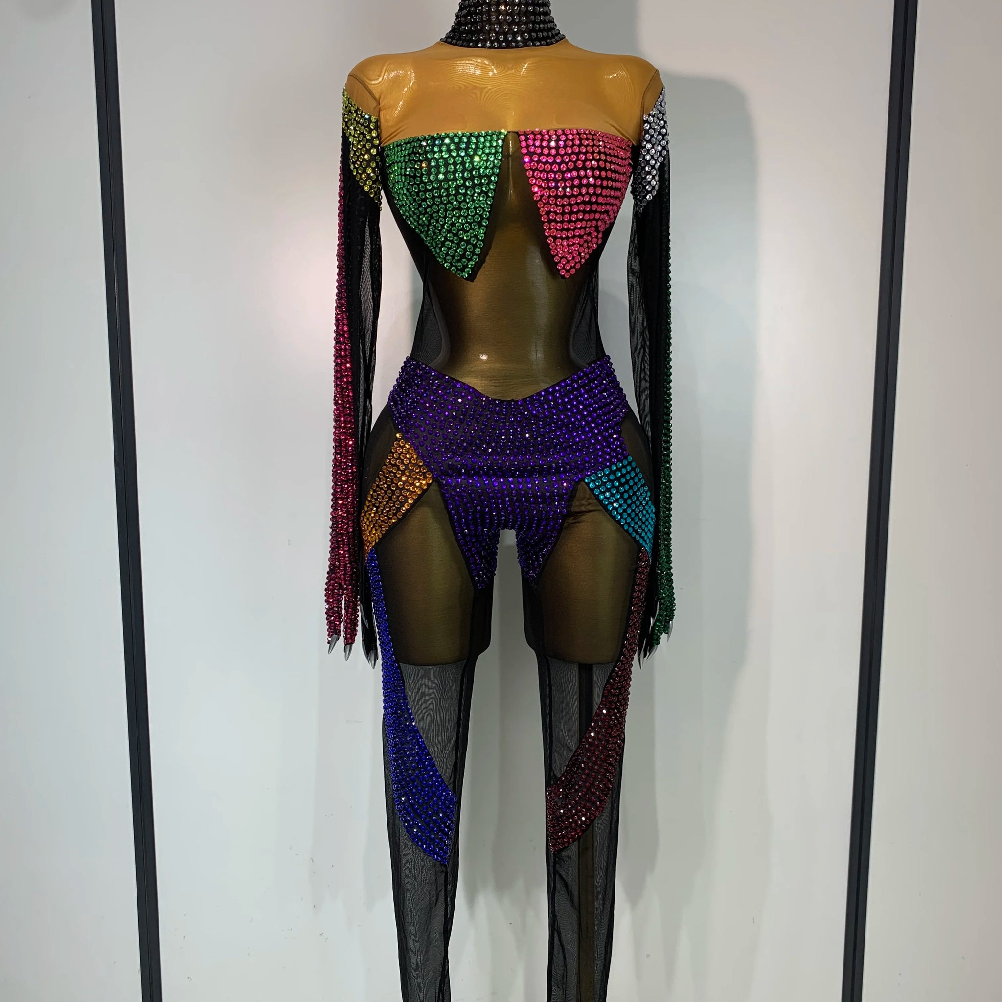 Sparkly Rhinestones Jumpsuit for Women Sexy Mesh Transparent Nightclub Outfit Luxury Birthday Party Stage Performance Costume MULTI