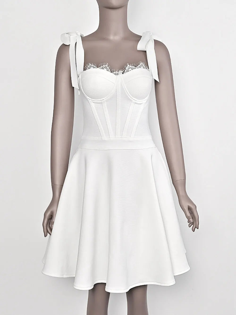Spring Sexy Women's Puff Bandage Dress Spaghetti Strap Lace Design Sleeveless A-line Mini Dresses Evening Party Vestidos WHITE