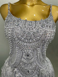 Sparkly Silver Rhinestones Pearl Tassels Bodysuit Women Sexy Eveing Birthday Party Nightclub Stage Performance Costume