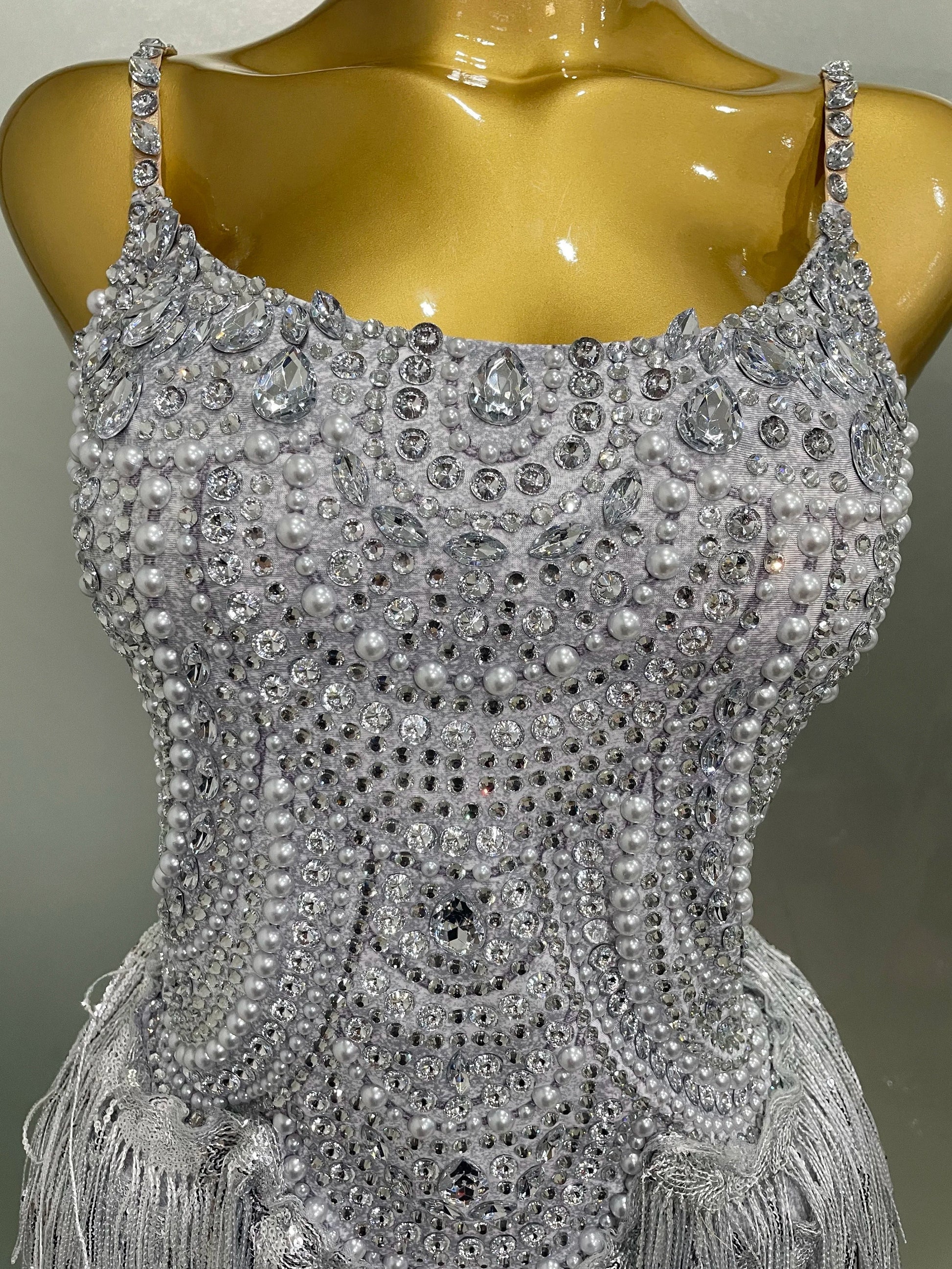 Sparkly Silver Rhinestones Pearl Tassels Bodysuit Women Sexy Eveing Birthday Party Nightclub Stage Performance Costume