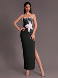 Spring Sexy Women's 3D Flower Pearl Bandage Dress Strapless Sleeveless Bodycon Backless Long Dress Club Party Vestidos black
