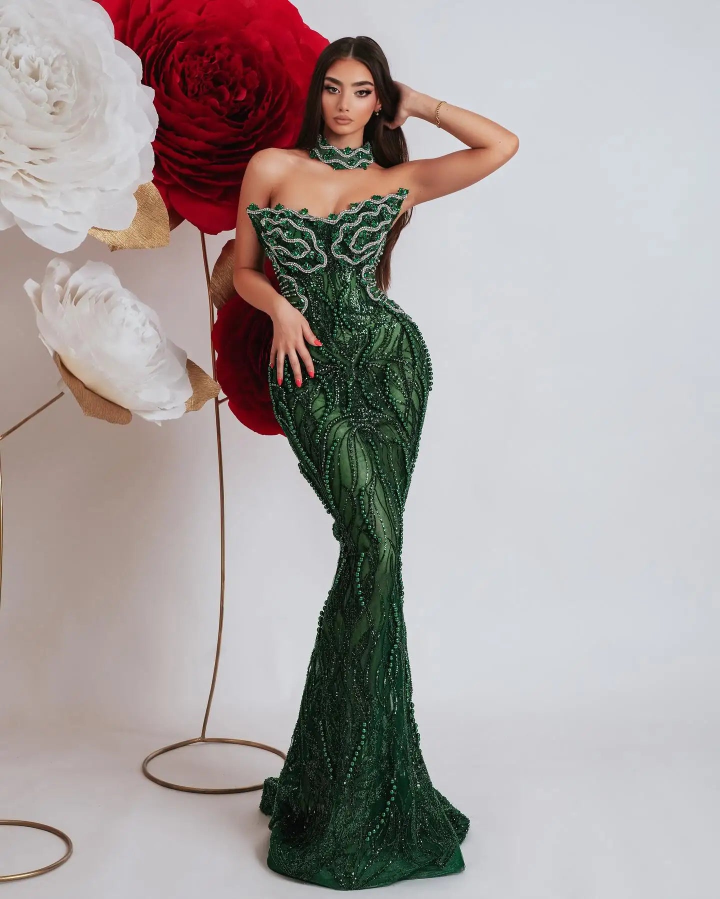 Luxury Green Women Gown Dress Celebrity Birthday Vestido Sparkling Diamond Pearl Beading Sequin Embroidery Floor Length Dress