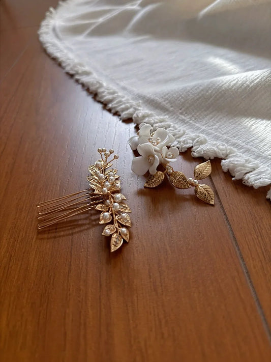 Leaf Flower Head Pieces Vintage Hair Comb Clip Pin For Brides Women Gold Color Pearl Hairpin Wedding Accessories Bridal Jewelry