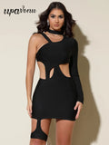 Spring Women's Sexy Asymmetric Bandage Dresses Stand Collar Single Shoulder Long Sleeve Bodycon Hollow Mini Dress Vestidos