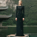 Top Quality Women Long Sleeve Shinning Crystal Bodycon Long Bandage Dress Elegant Evening Party Occation Celebrate Outfit black