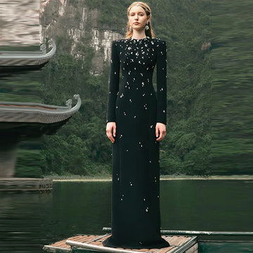 Top Quality Women Long Sleeve Shinning Crystal Bodycon Long Bandage Dress Elegant Evening Party Occation Celebrate Outfit black