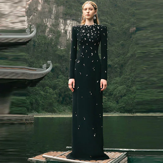 Top Quality Women Long Sleeve Shinning Crystal Bodycon Long Bandage Dress Elegant Evening Party Occation Celebrate Outfit black