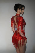 Sparkly Rhinestone Sequin Tassel Stretch Bodysuits Women Birthday Party Nightclub Dj Stage Performance Costume