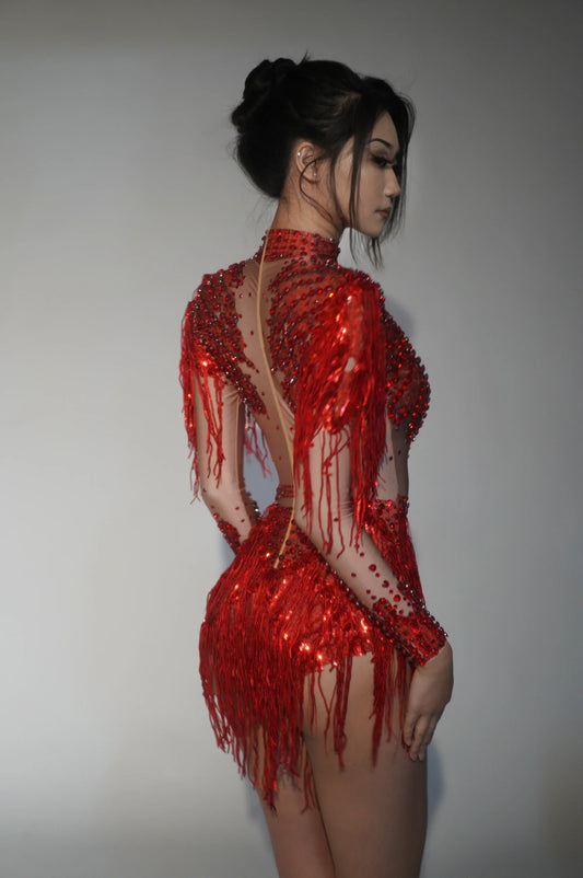 Sparkly Rhinestone Sequin Tassel Stretch Bodysuits Women Birthday Party Nightclub Dj Stage Performance Costume