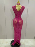 Sexy Sparkly Crystal Diamonds Mesh See Through Long Dress Women Elegant Party Costume Singer Stage Performance Outfit