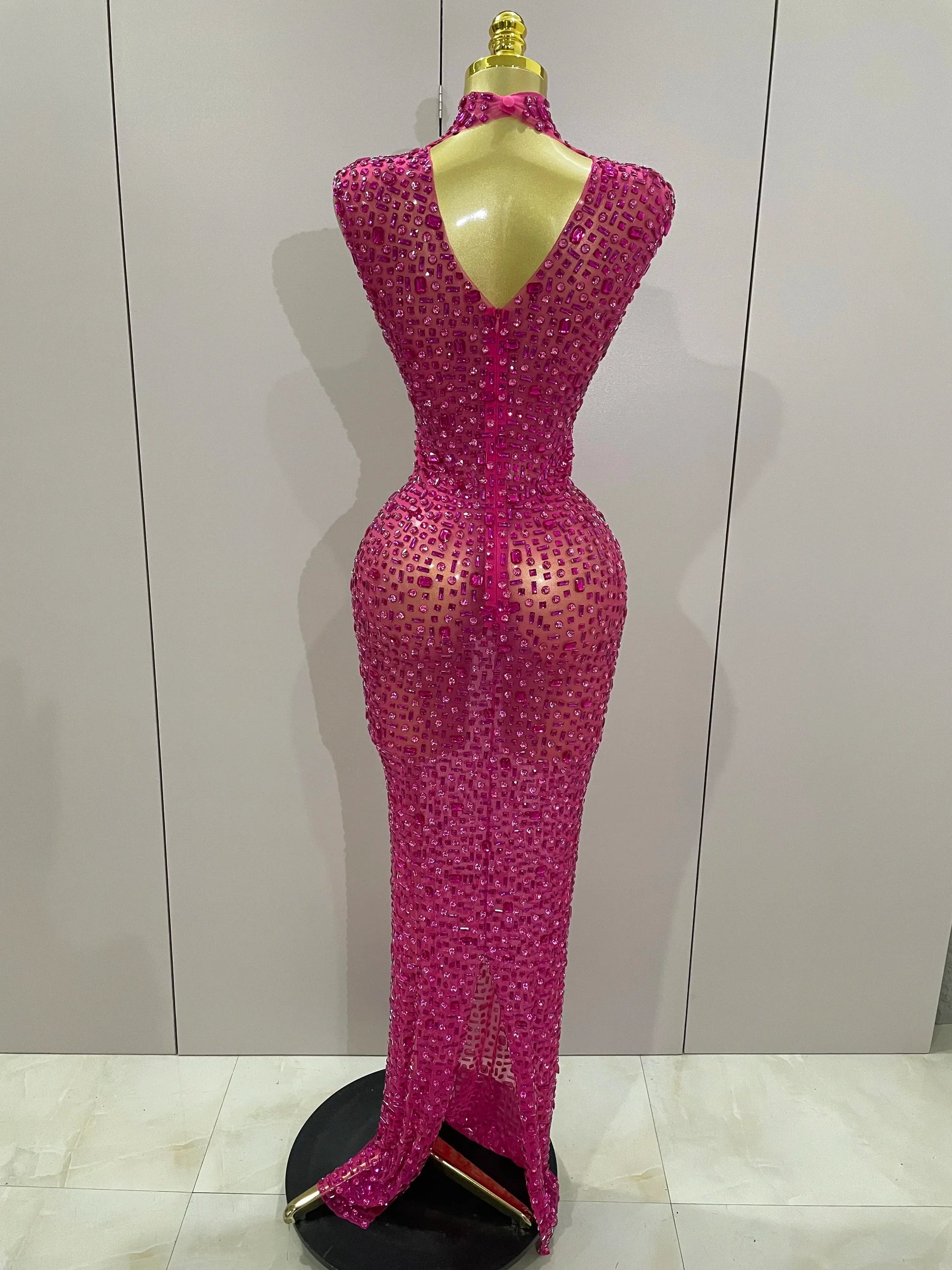 Sexy Sparkly Crystal Diamonds Mesh See Through Long Dress Women Elegant Party Costume Singer Stage Performance Outfit