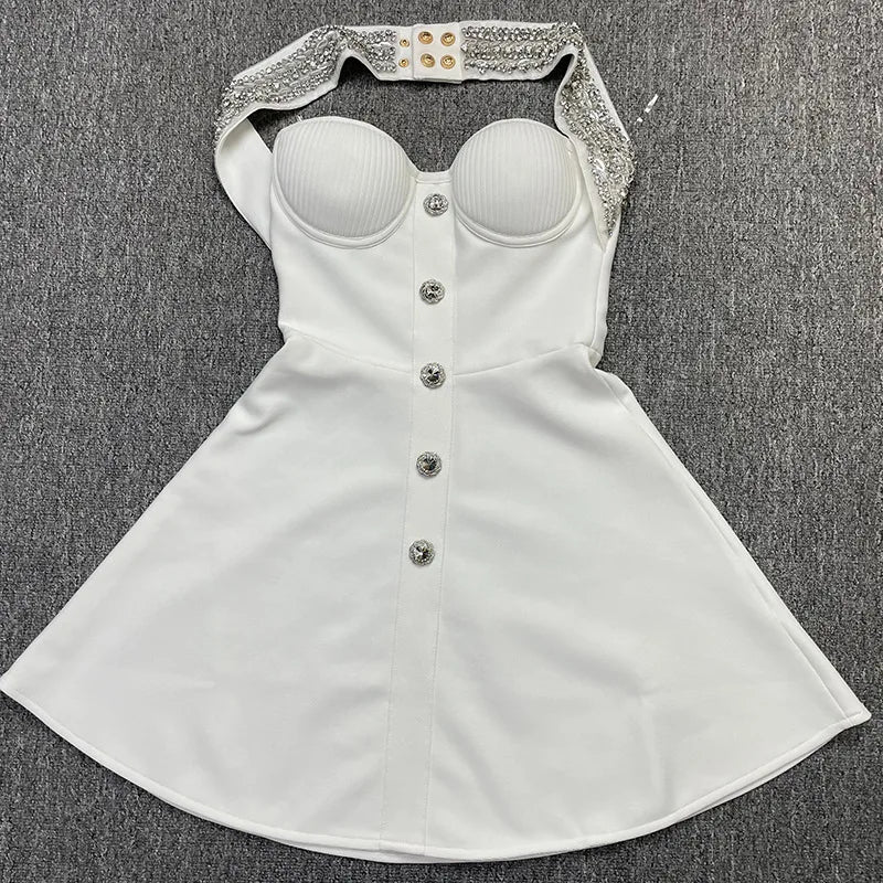 Women Sexy Halter Shinning Diamond Backless Bandage A-Line Mini Dress Evening Party Birthday Vacation Dress WHITE