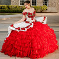 Customized White With Red Charro Quinceanera Dress Mexican Plus Size Prom Dress Corset Organza Tiered Ruffle vestidos de 15 años