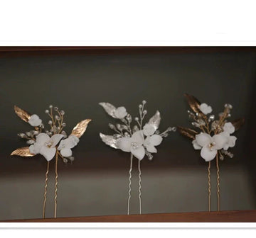 Vintage Gold Silver Color Hair Pin Clip Porcelain Flower Leaf Head Pieces For Brides Hairpins Wedding Accessories Bridal Jewelry