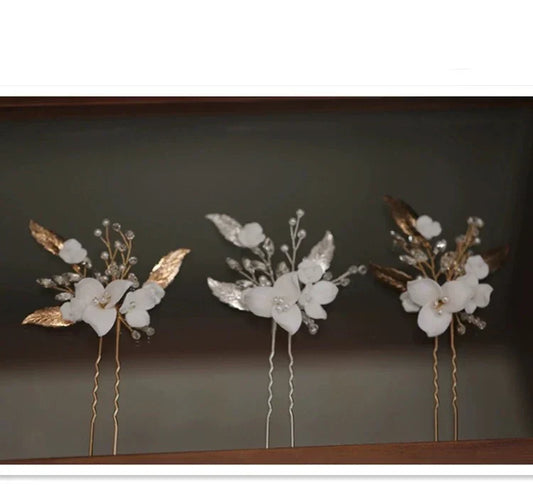 Vintage Gold Silver Color Hair Pin Clip Porcelain Flower Leaf Head Pieces For Brides Hairpins Wedding Accessories Bridal Jewelry