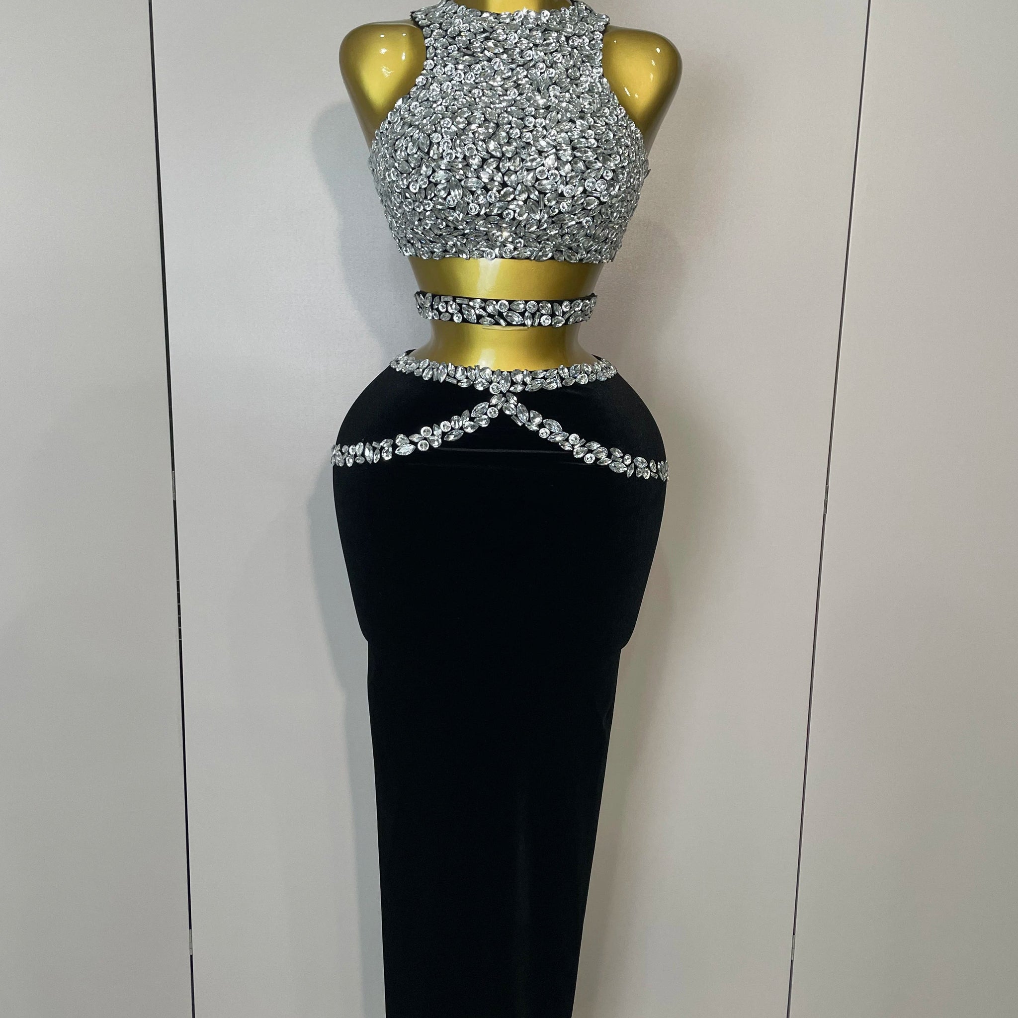 Women Sparkly Rhinestone Two-piece Set Sexy Velvet Singer Nightclub Outfit Celebrate Birthday Elegant Party Dresses black