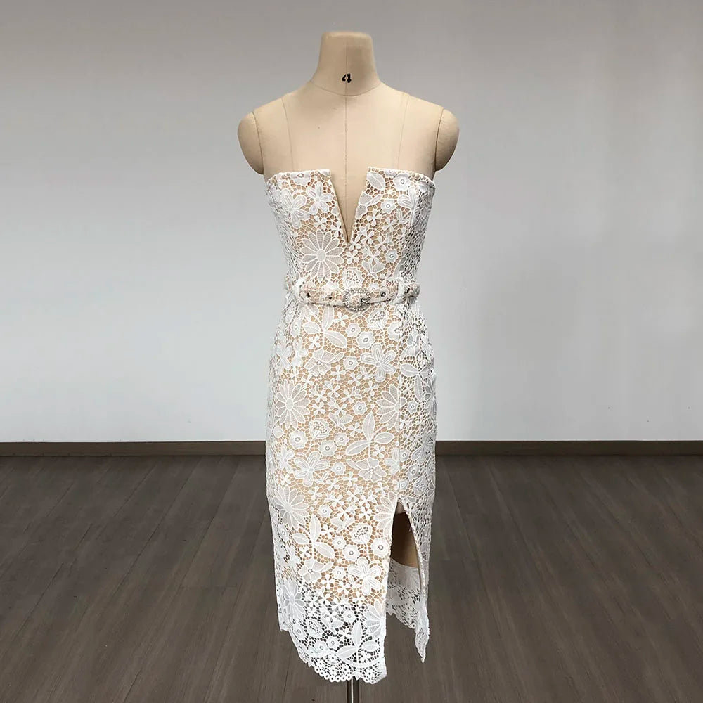 Arrival Women Sexy Strapless Lace Bodycon Mid-calf Dress Belt Fashion Birthday Party Celebrate Evening Cocktail Dress