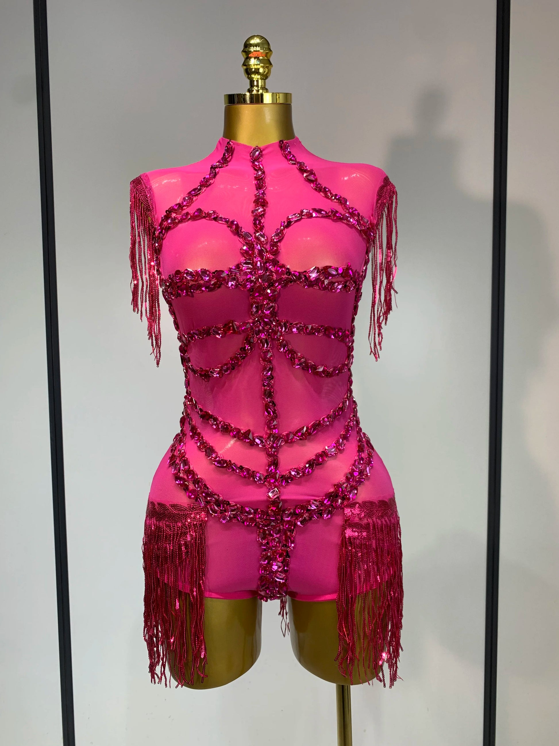 High Quality Luxury Rhinestone Sexy Mesh See Through Bodysuit Women Celebrate Birthday Party Club Singer Dancer Stage Outfit Rose Red