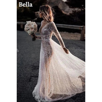White Glitter Prom Dresses V-neck A-line Wedding Dress Elegant Long Sleeves Floor-Length Backless Vestidos De Fiesta