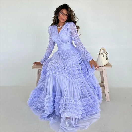 Elegant Arabia Tulle Prom Dress A-Line Long Sleeves Tiered Ruffles Pleat Floor Length Evening Dress vestidos de gala As Picture