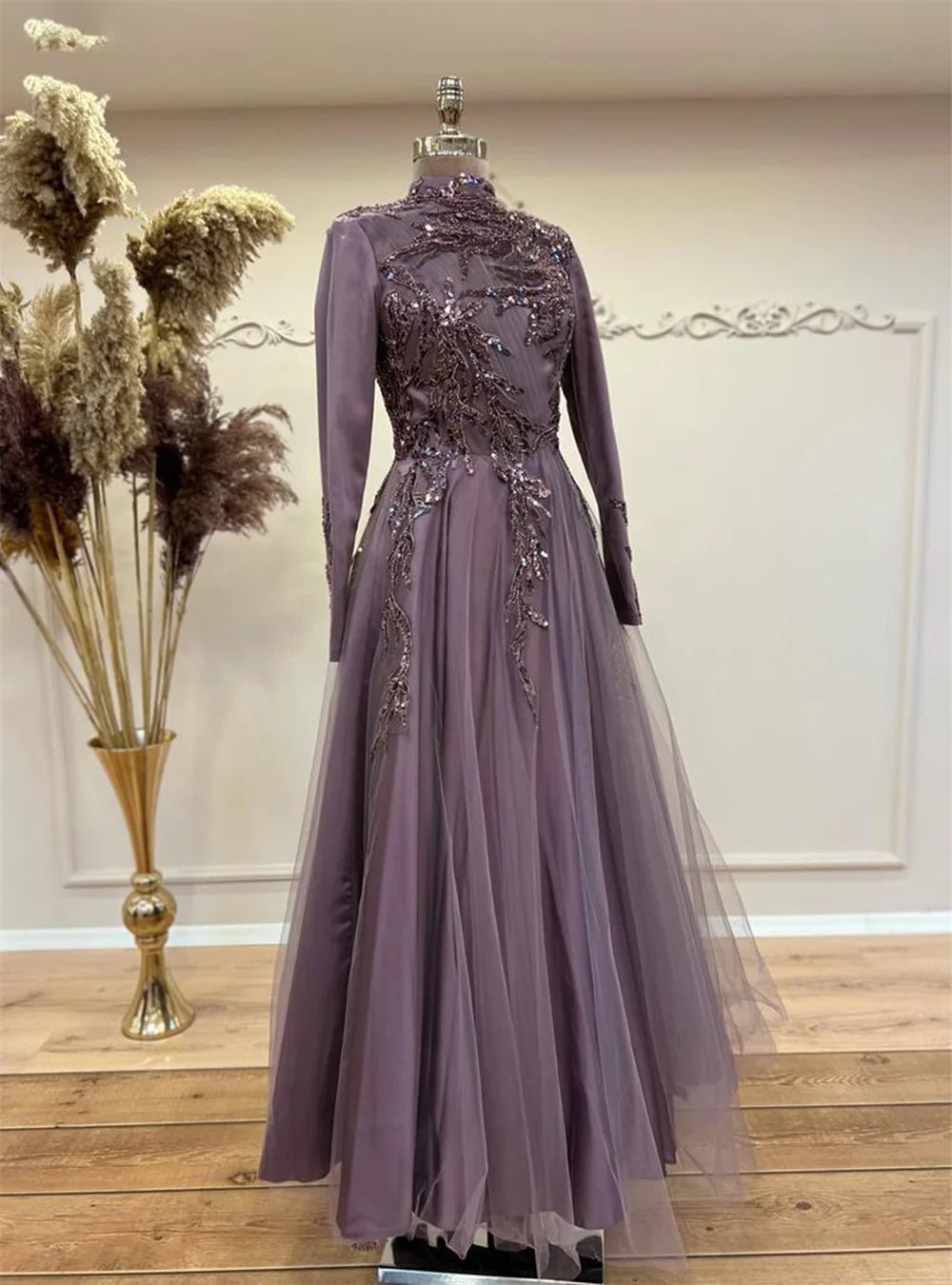 Elegant High Neck Prom Dress Sequins A-line Evening Dress Beading Embroid Party Dress Modest فساتين مناسبة رسمية Purple