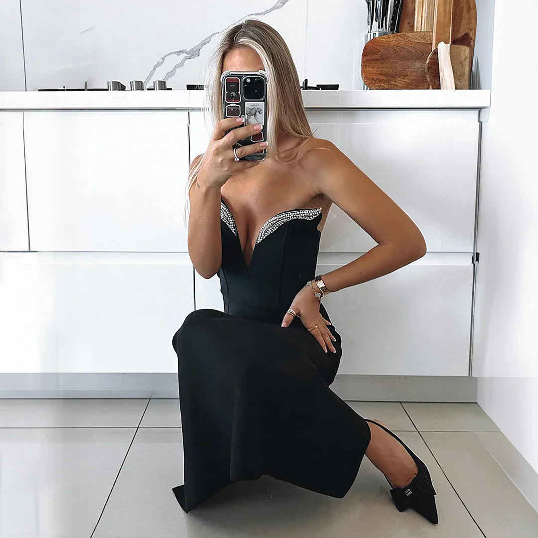 Arrival Women Sleeveless Sexy Strapless Shinning Diamond Bodycon Bandage Long Dress Celebrity Evenign Party Red Carpet Dress