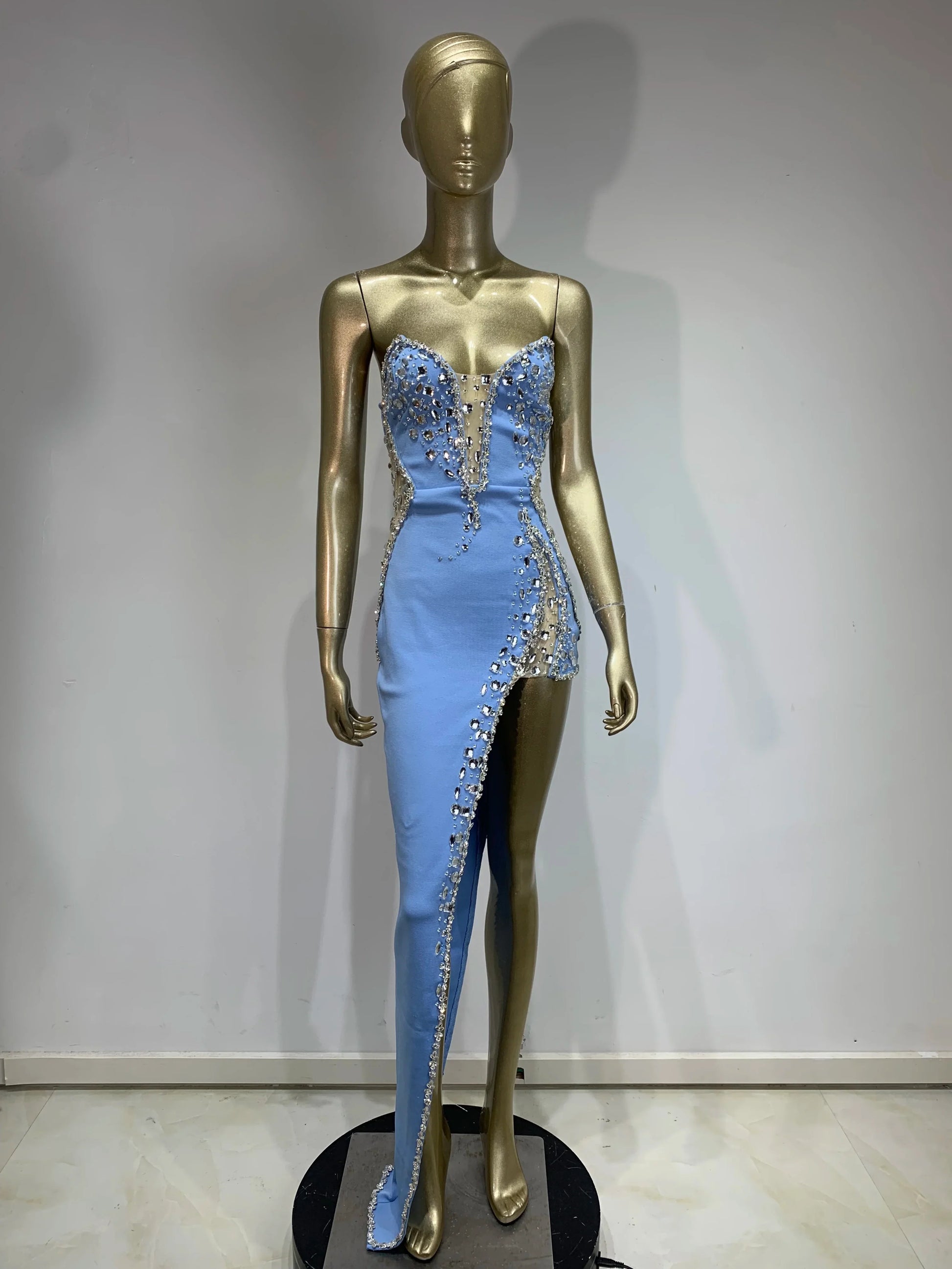 Women Sexy Strapless Shinning Rhinestones Bodycon Bandage Long Dress Fashion Celebrate Evening Party Vestido SKY BLUE