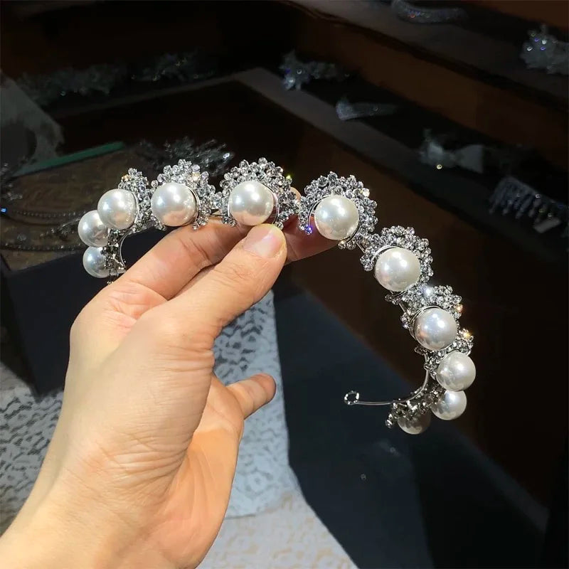 Bridal Hair Jewelry Crystal Pearl Tiaras and Crowns Rhinestones Diadem For Bride Princess Queen Headband Wedding Accessories