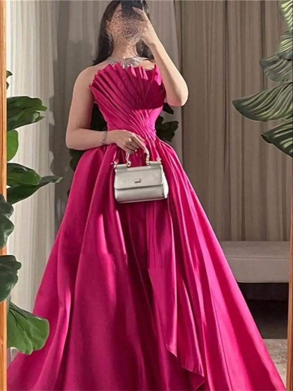 Rose Pink Silk Evening Dress Sexy Strapless A-line Prom Dress Ball Gown Party Dress Sleeveless فساتين مناسبة رسمية as pic