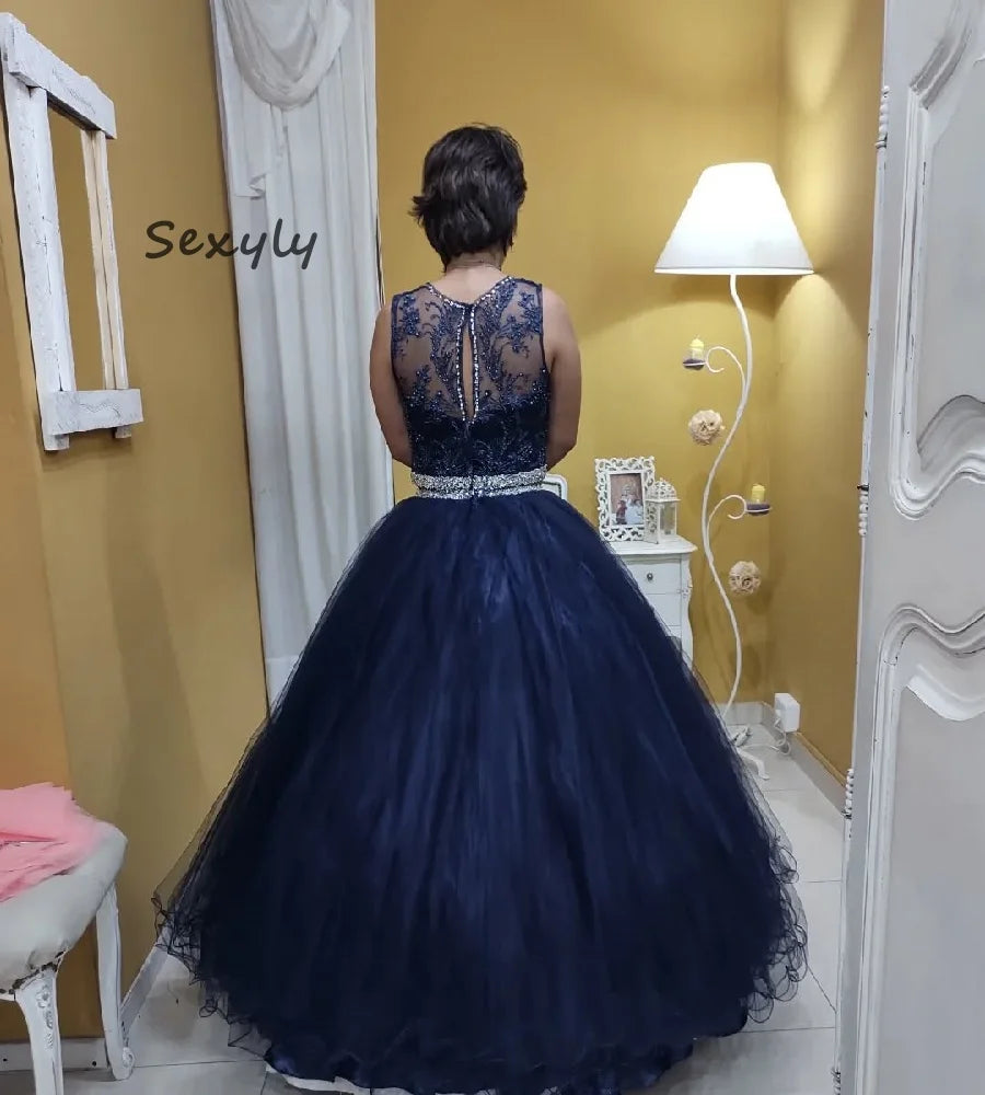 Classic Navy Blue Quinceanera Dresses 2 Pieces Tulle Beaded Vestidos De 15 Años Sweet 16 Dress Lace A Line Prom Gown Customized