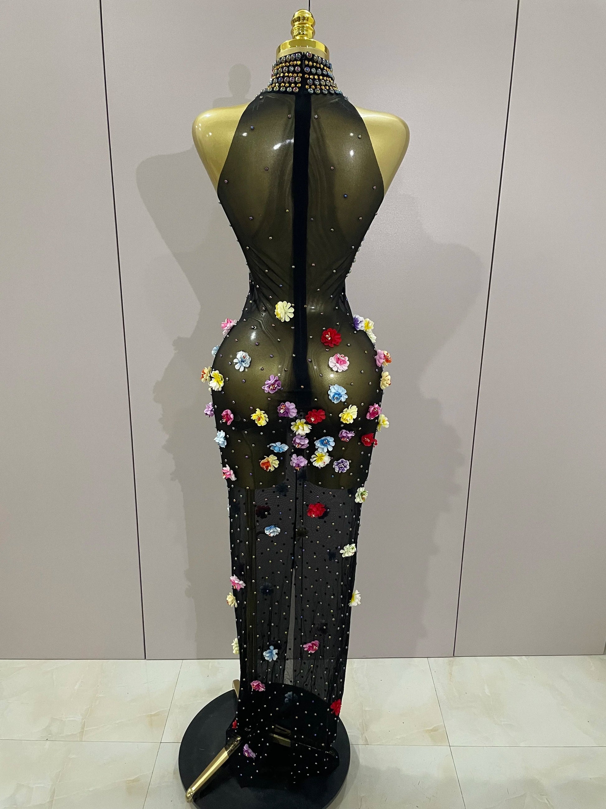 Sparkly Rhinestones Flowers Sexy See Through Long Dress Women Birthday Celebrate Wedding Evening Prom Dress Photo Shoot Wear