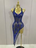 Sparkly Rhinestone V Neck Stretch Mesh Sexy See Through Dress Women Elegant Party Celebrate Perform Costume Stage Outfi Blue