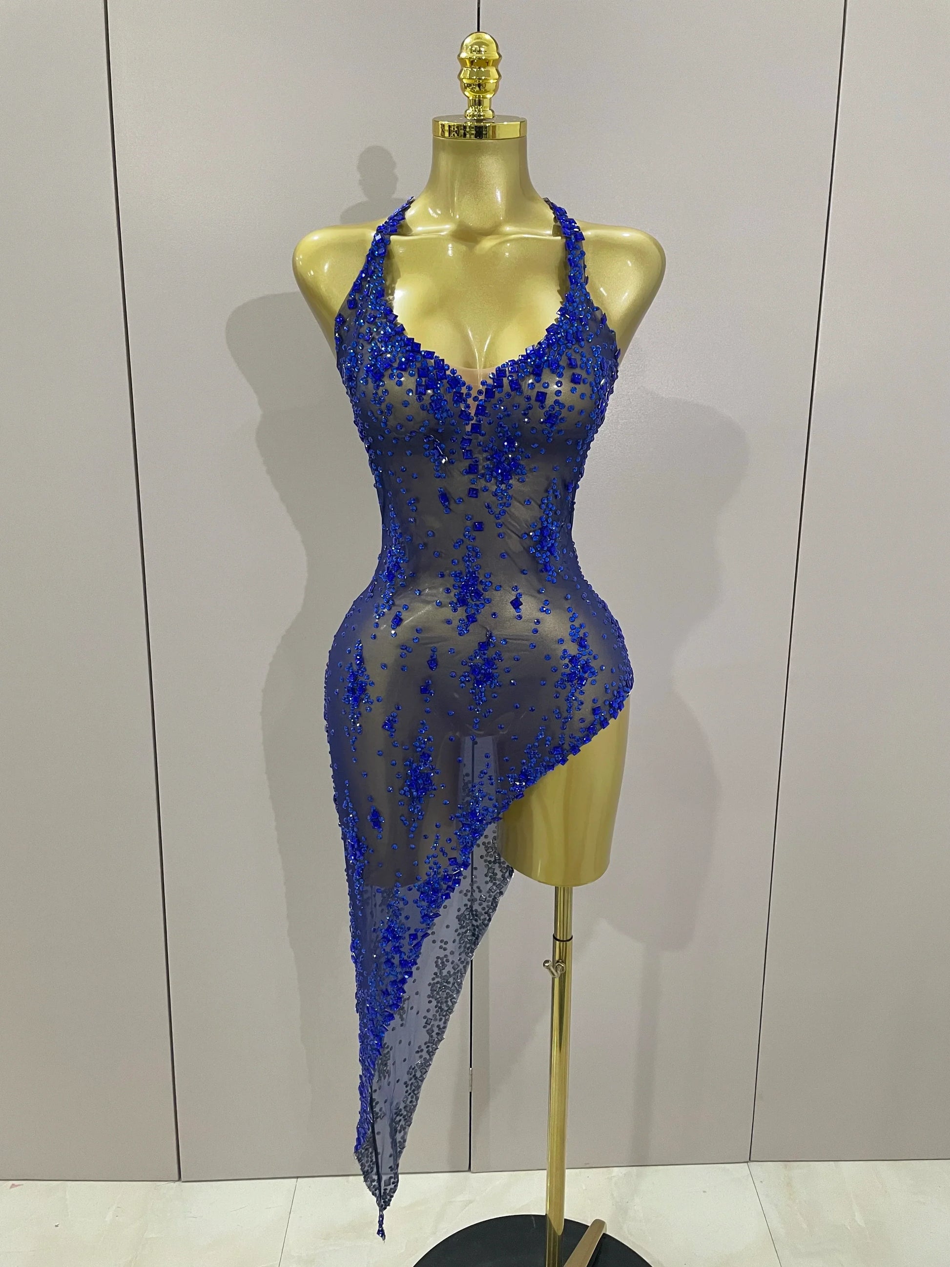 Sparkly Rhinestone V Neck Stretch Mesh Sexy See Through Dress Women Elegant Party Celebrate Perform Costume Stage Outfi Blue