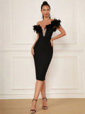 Spring Sexy Women's Light Luxury Feather Design Bandage Dress One Collar Shoulder Bodycon Bareback Dresses Party Vestidos