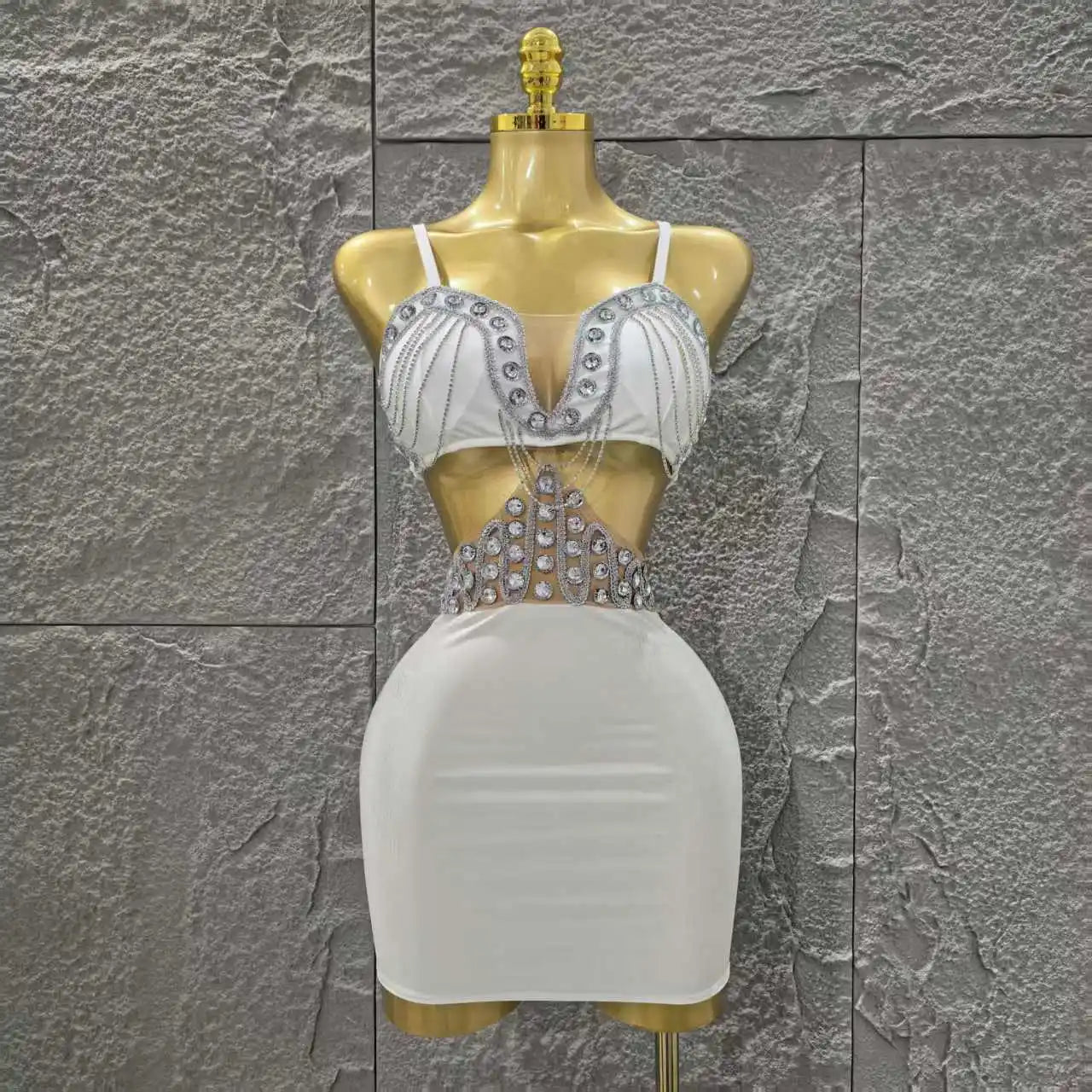 White Color Women Sleeveless Sexy Shinning Diamond Bodycon Mini Dress Birthday Party Celebrate Nightclub Outfit Vestido WHITE
