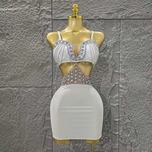 White Color Women Sleeveless Sexy Shinning Diamond Bodycon Mini Dress Birthday Party Celebrate Nightclub Outfit Vestido WHITE