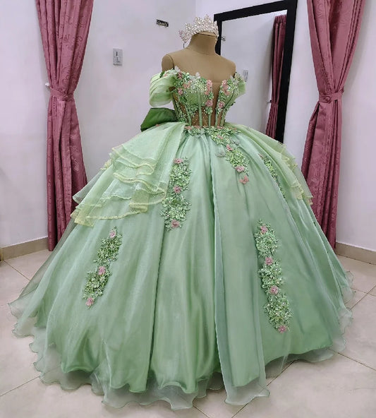 Gorgeous Green Quinceanera Dresses Convertible 2 In 1 Two Pieces 3D Flowers Vestido De 15 Años Princess Sweet 16 Gown Customized green