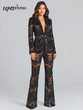 Sexy Autumn Women's Sequin Perspective Suit Pants Set with Polo Collar Long Sleeve Slim Fit Suit Coat+Flare Pants Two Piece Set