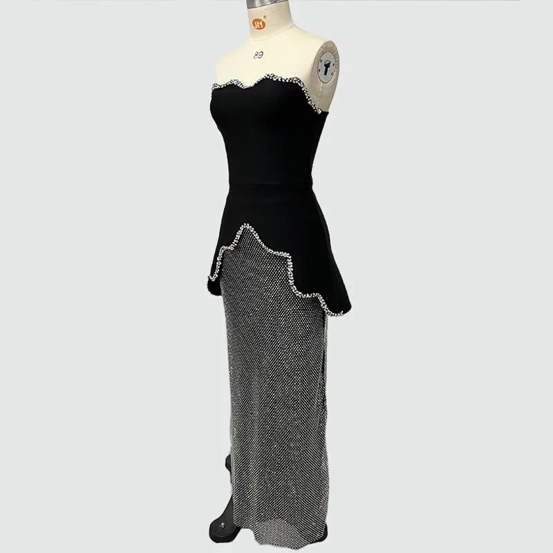 Black Women Sexy Strapless 2 Pieces Shinning Diamond Bodycon Dress Nightclub Party Celebrate Birthday Evening Outfit